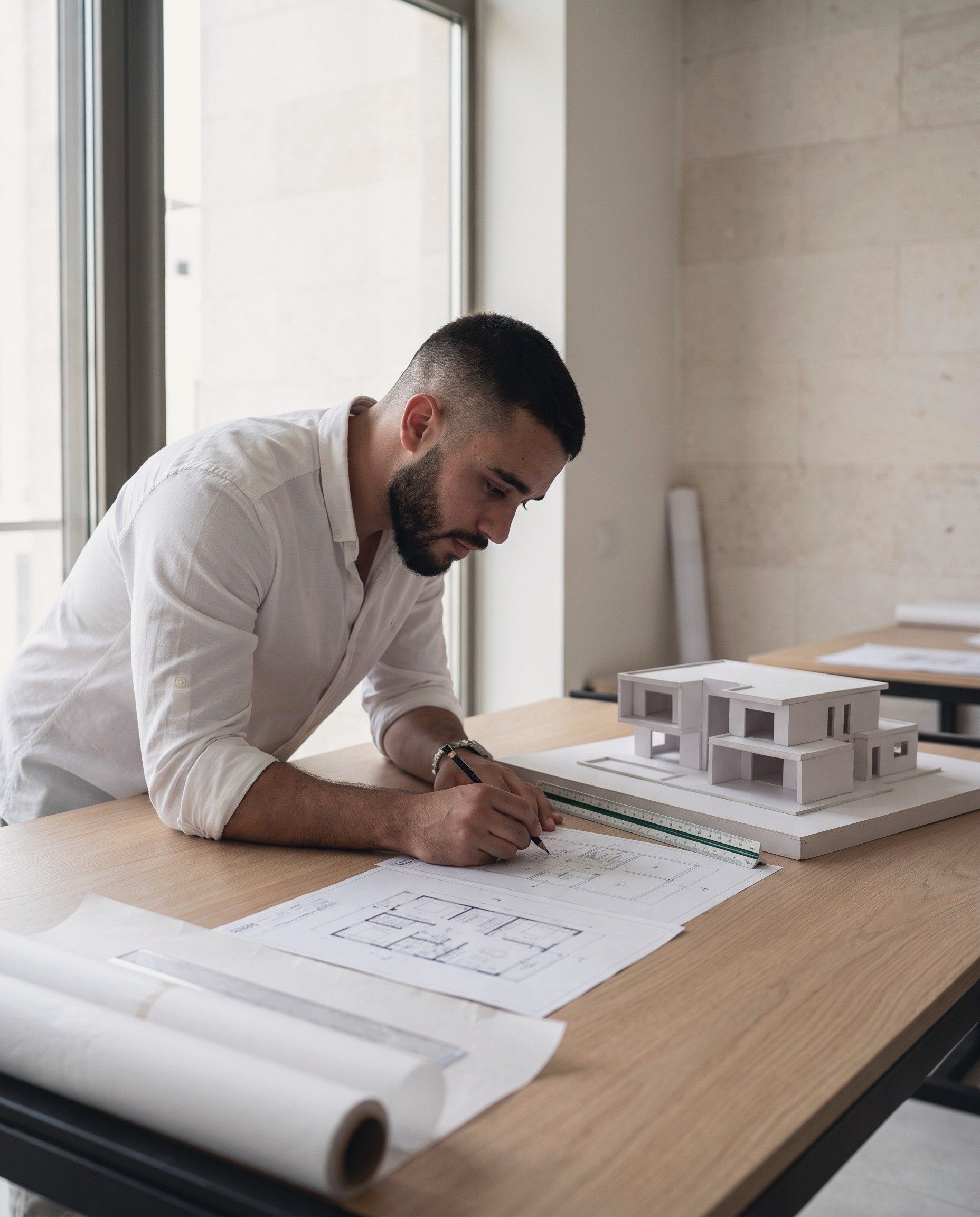Moslim Khattoume drawing a floor plan at an oak table, beside a white card model of a villa