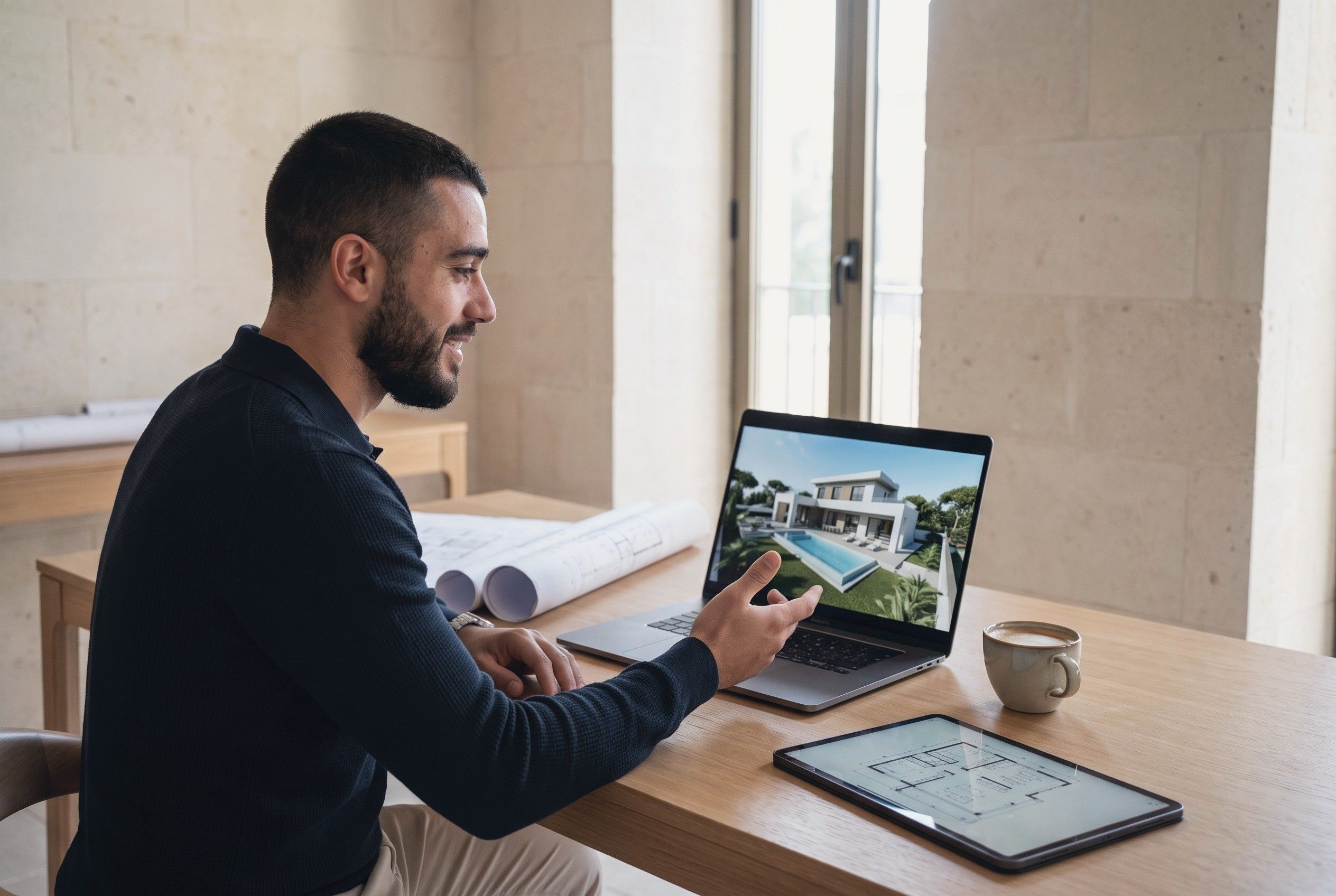 Moslim Khattoume en visioconférence, présentant à un client la visualisation 3D d’une villa sur son ordinateur