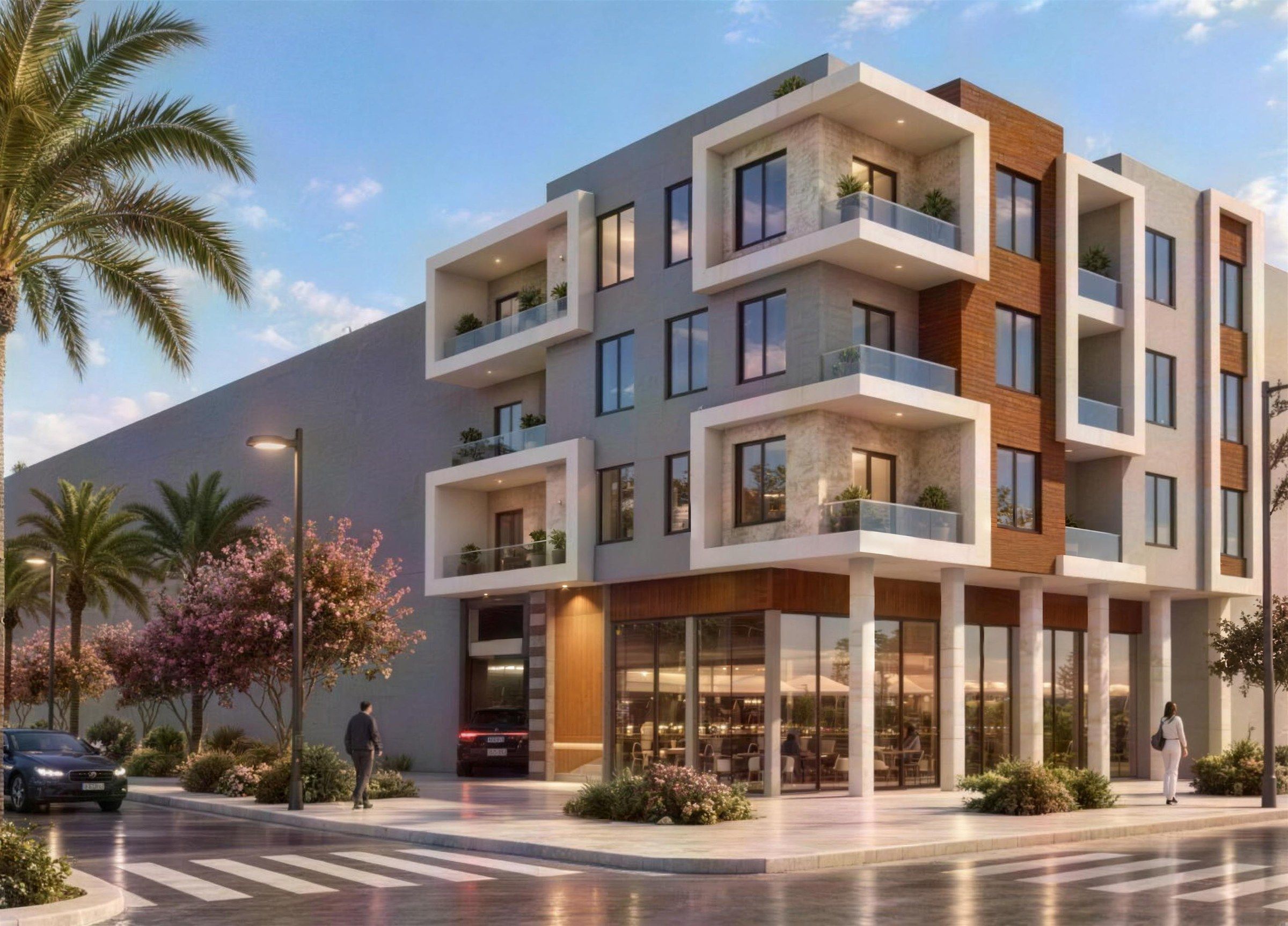 Four-storey corner building in Khémisset with white-framed balconies, wood panels and ground-floor shops, daytime 3D visualisation