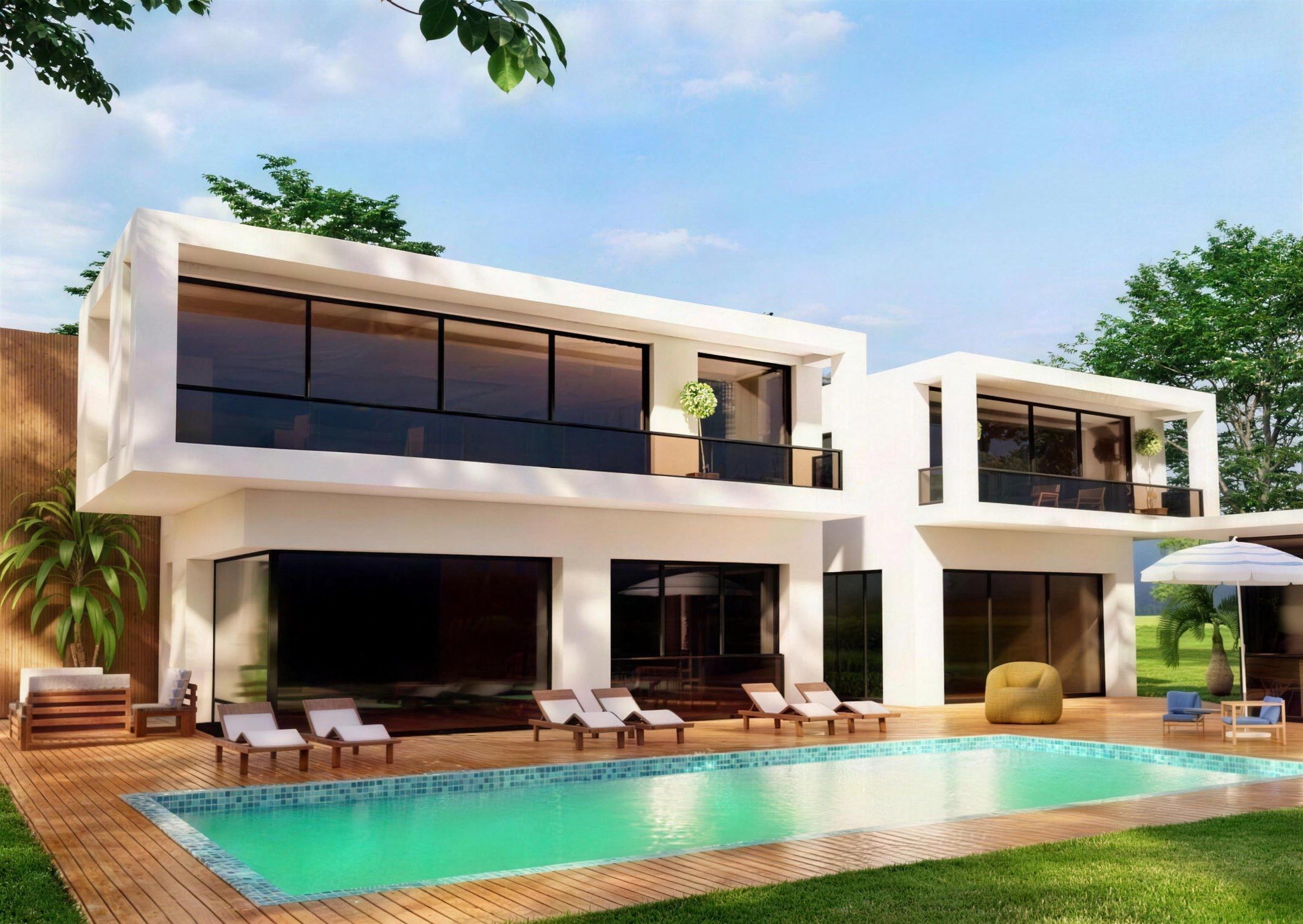 White two-storey villa in Tiflet with a long swimming pool and timber deck, 3D visualisation