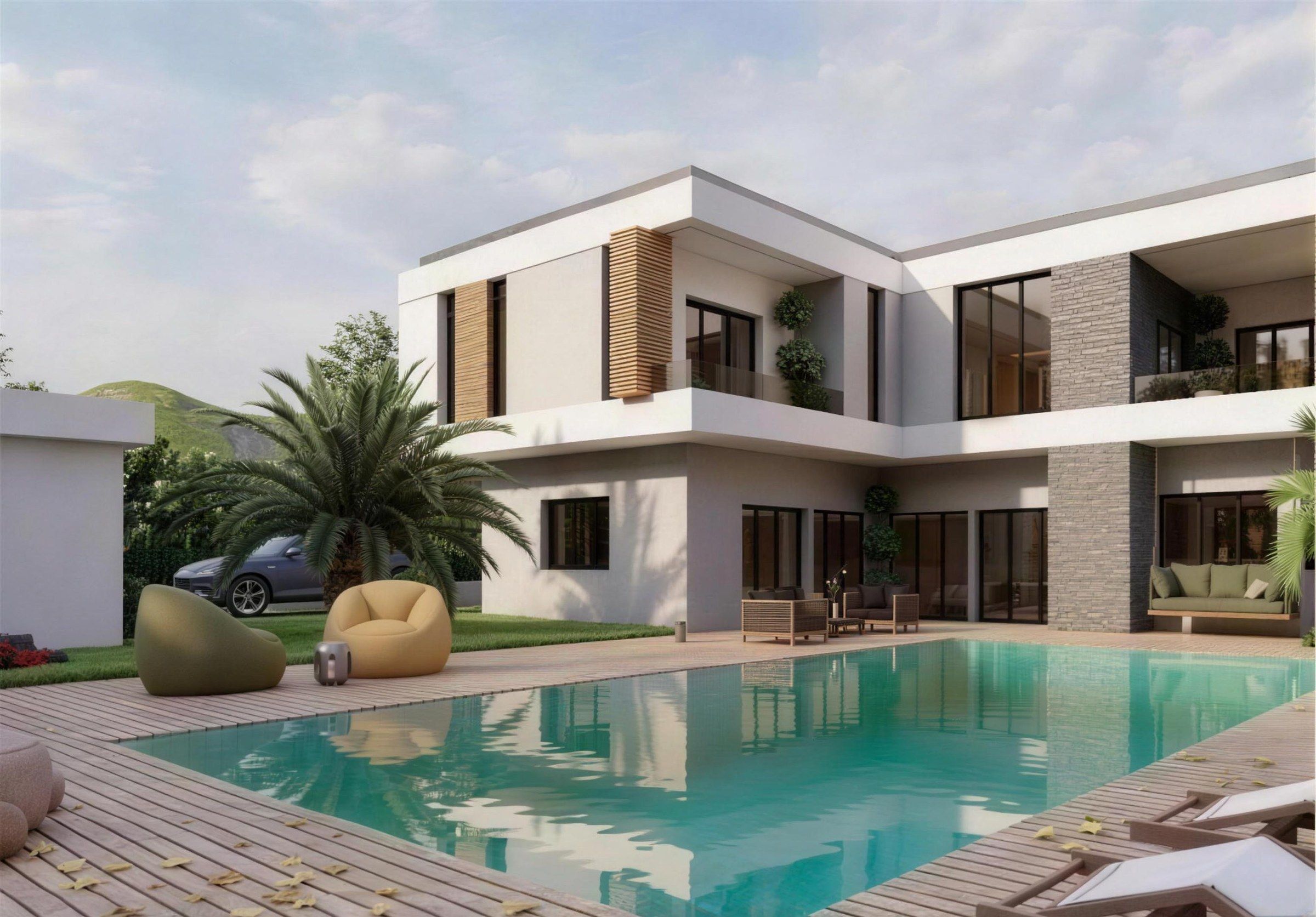 L-shaped white villa in Tiflet with timber and stone accents around a pool, daytime 3D visualisation