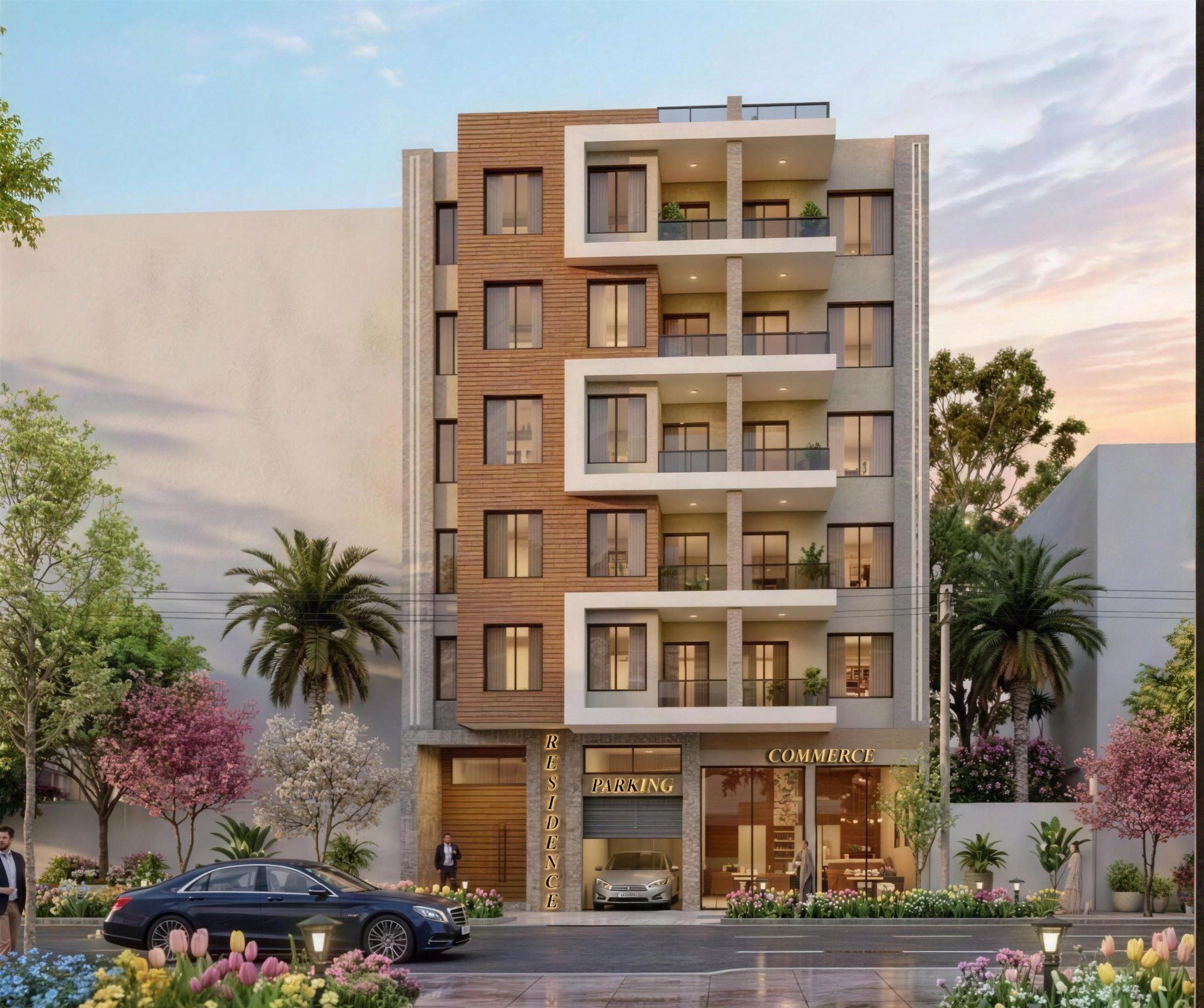 Six-level residence in Ait Mzal, Khémisset, with timber cladding and white-framed balconies, daytime 3D visualisation