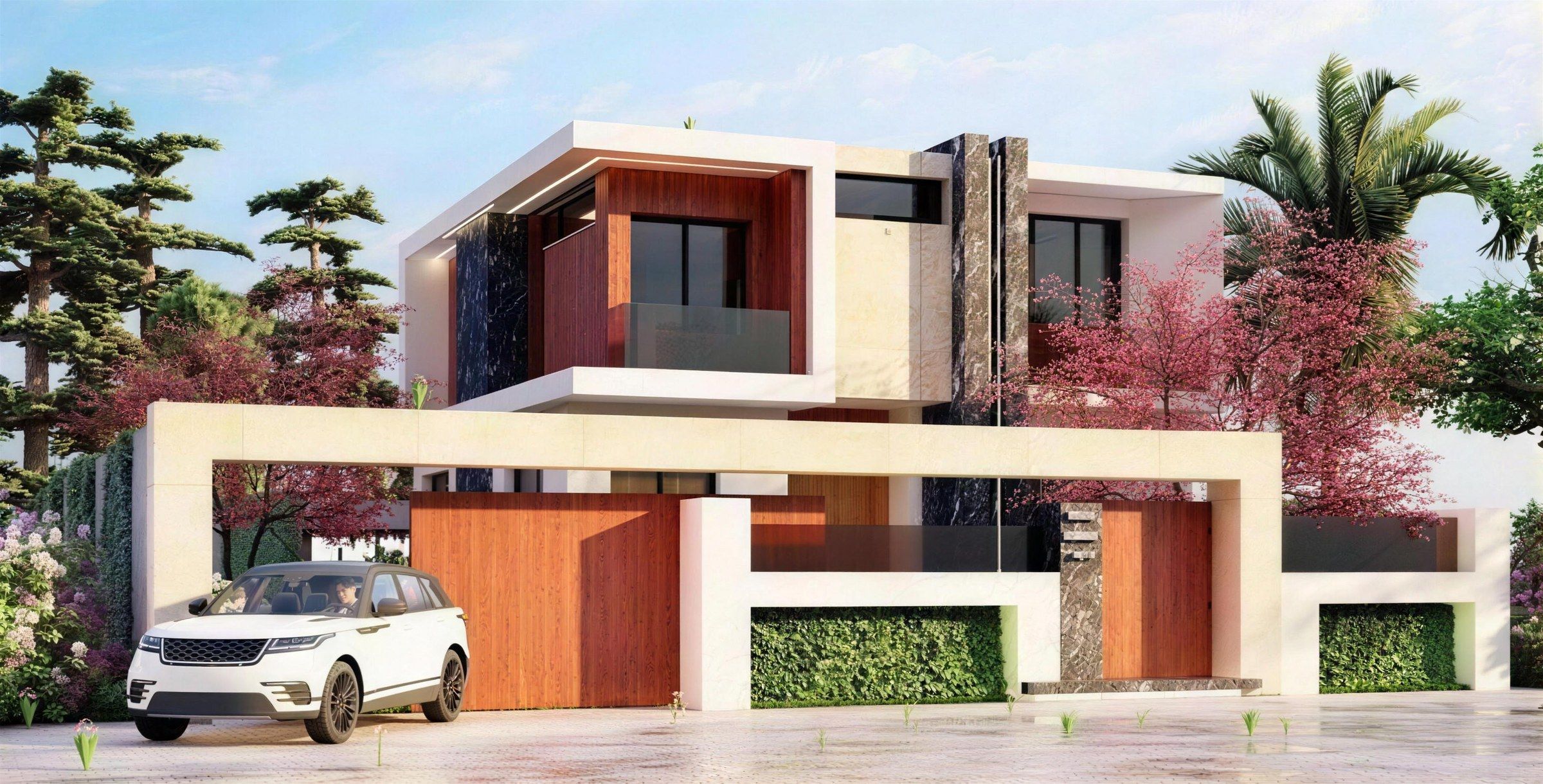 Contemporary villa in Rabat behind a long pale stone frame with timber gates and dark marble, 3D visualisation