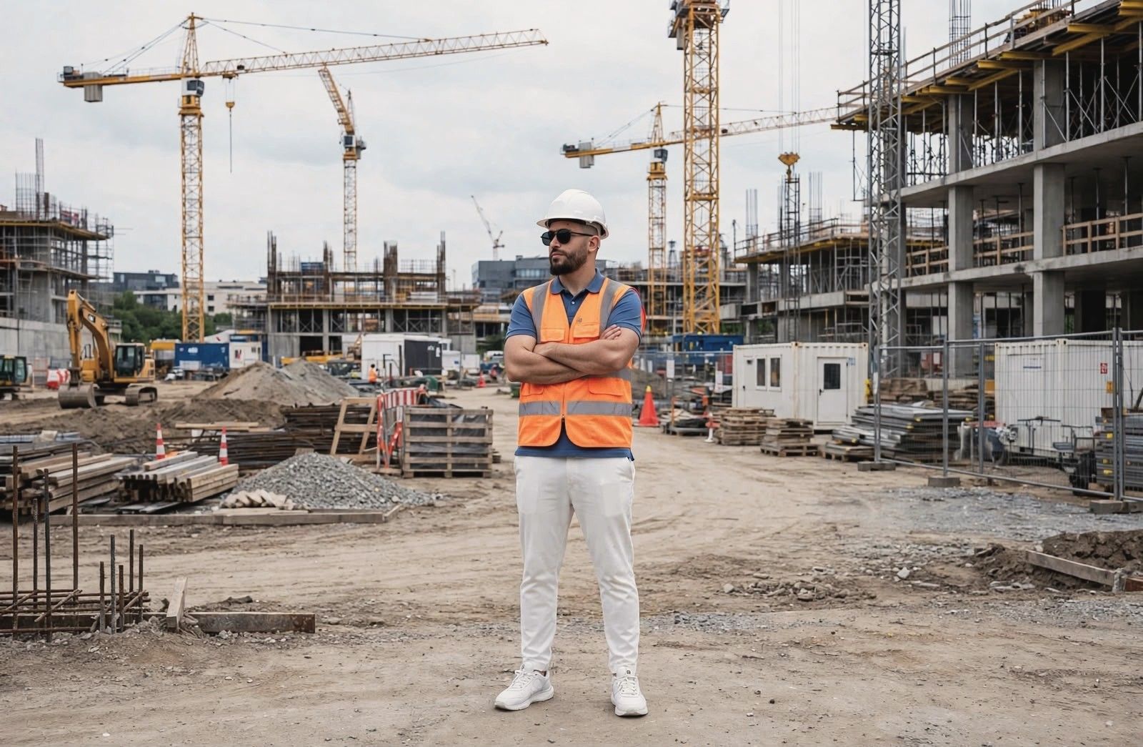 Moslim Khattoume en casque blanc et gilet de sécurité, bras croisés, sur un chantier